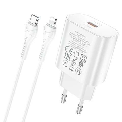 Сетевое зарядное устройство Hoco N22, 25 Вт, Power Delivery (PD), белый, c кабелем USB тип-C к Lightning для Apple, 1 порт, #6931474760074 Превью 1