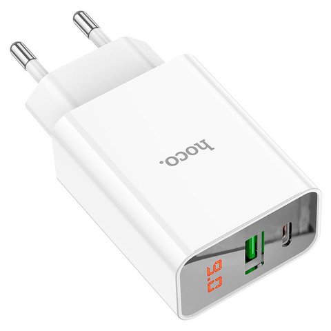 Mains Charger Hoco C100A, (20 W, Quick Charge, Power Delivery (PD), white, with LCD, 2 outputs) #6931474769800 Preview 1