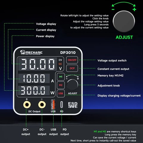 Fuente de alimentación (potencia) Mechanic DP3010, un canal, impulso, hasta 30 V, hasta 10 A, indicadores de diodos de luz Vista previa  7