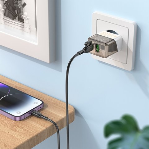 Мережевий зарядний пристрій Borofone BA80A, 20 Вт, Quick Charge, Power Delivery (PD), чорний, прозорий, з кабелем USB тип-C до Lightning для Apple, 2 порта, #69419911105166 Прев'ю 2