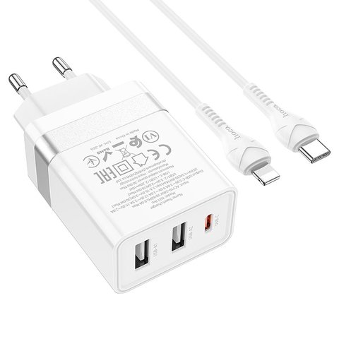 Сетевое зарядное устройство Hoco N21 Pro, 30 Вт, Power Delivery (PD), белый, c кабелем USB тип-C к Lightning для Apple, 3 порта, #6931474778796 Превью 2